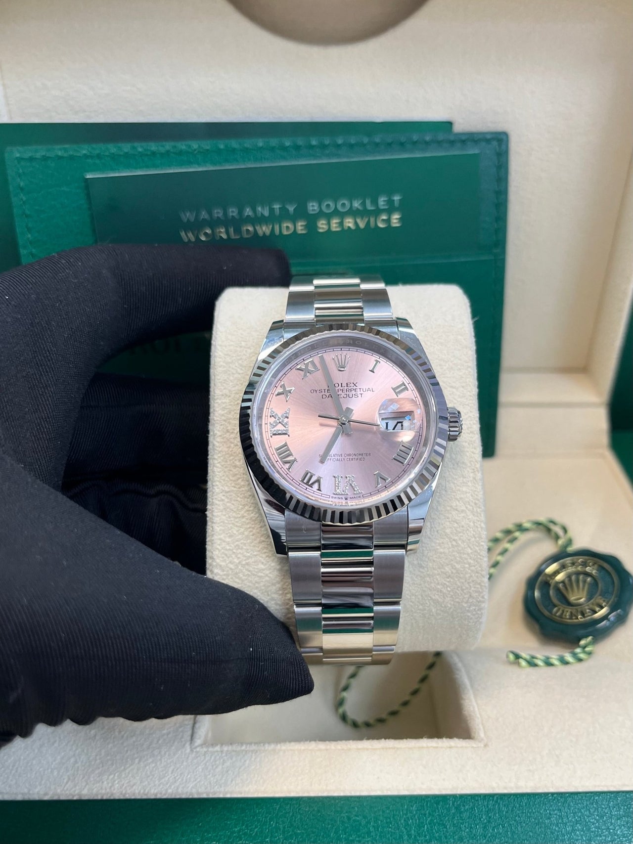 Rolex Datejust 36 Fluted Bezel - Pink Diamond Roman VI and IX Dial - Oyster 126234 - WatchesOff5th