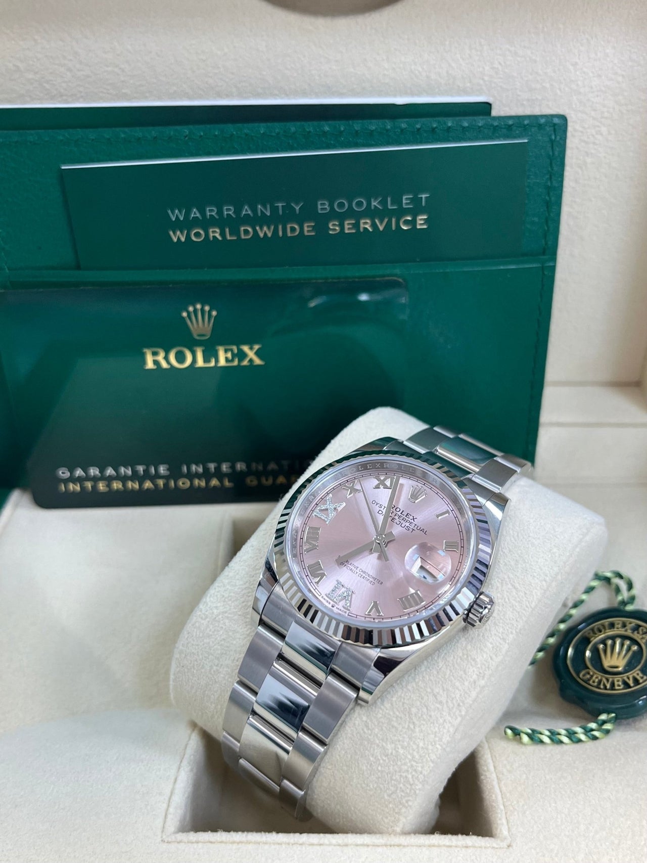 Rolex Datejust 36 Fluted Bezel - Pink Diamond Roman VI and IX Dial - Oyster 126234 - WatchesOff5th