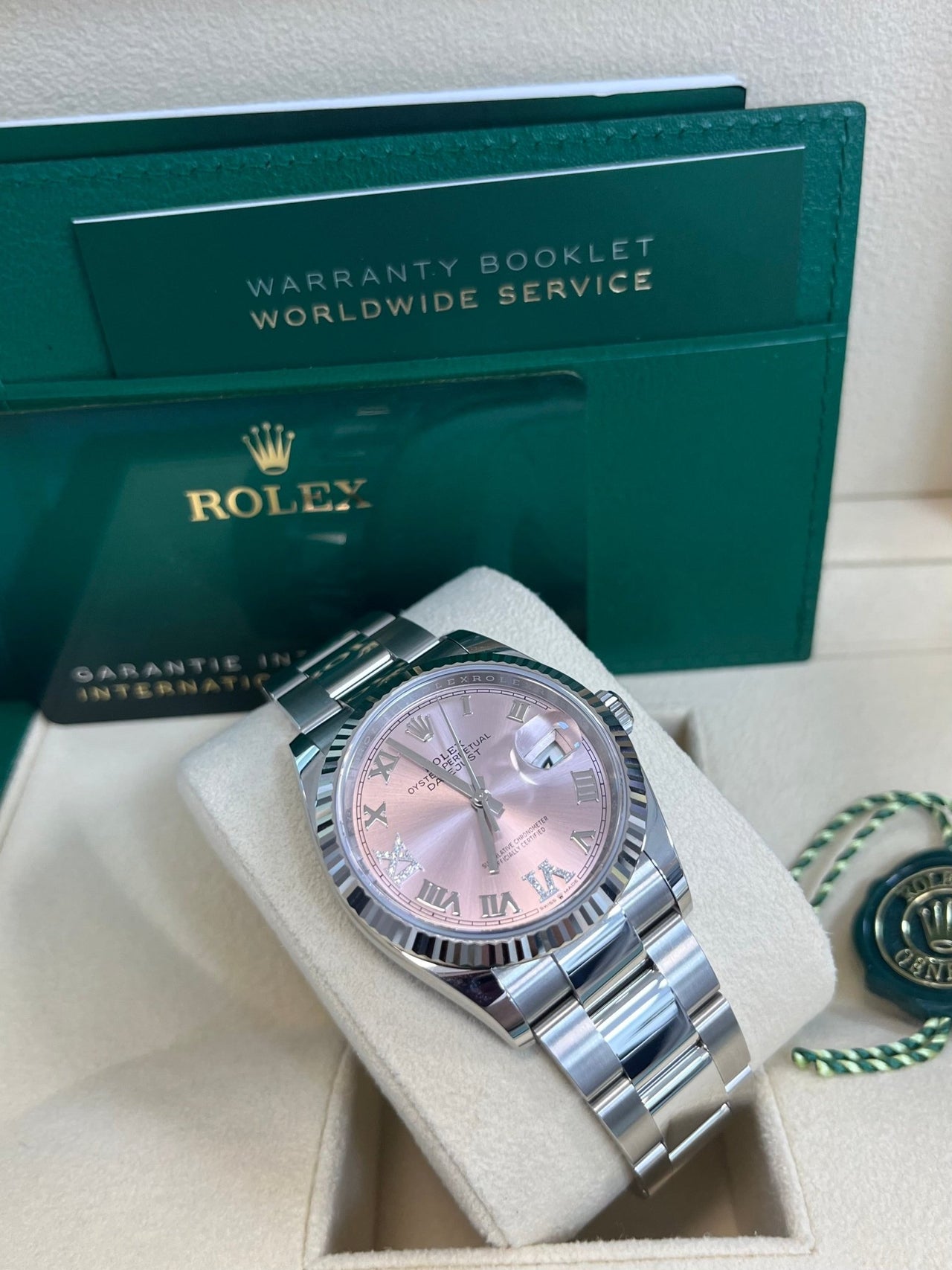 Rolex Datejust 36 Fluted Bezel - Pink Diamond Roman VI and IX Dial - Oyster 126234 - WatchesOff5th