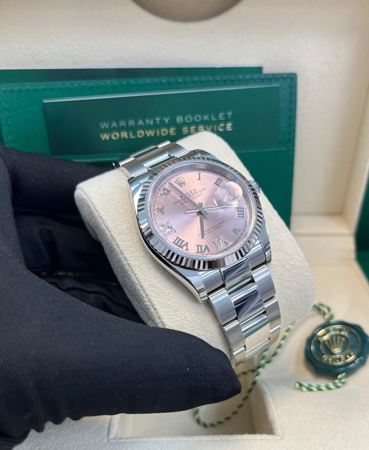 Rolex Datejust 36 Fluted Bezel - Pink Diamond Roman VI and IX Dial - Oyster 126234 - WatchesOff5th