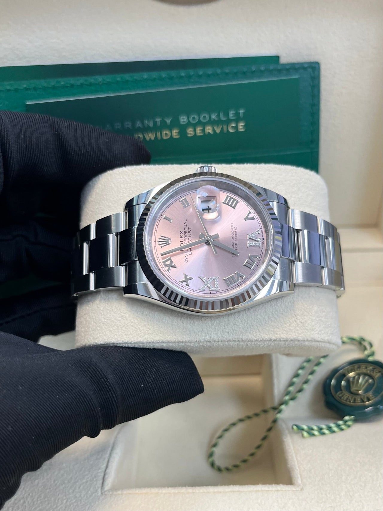 Rolex Datejust 36 Fluted Bezel - Pink Diamond Roman VI and IX Dial - Oyster 126234 - WatchesOff5th