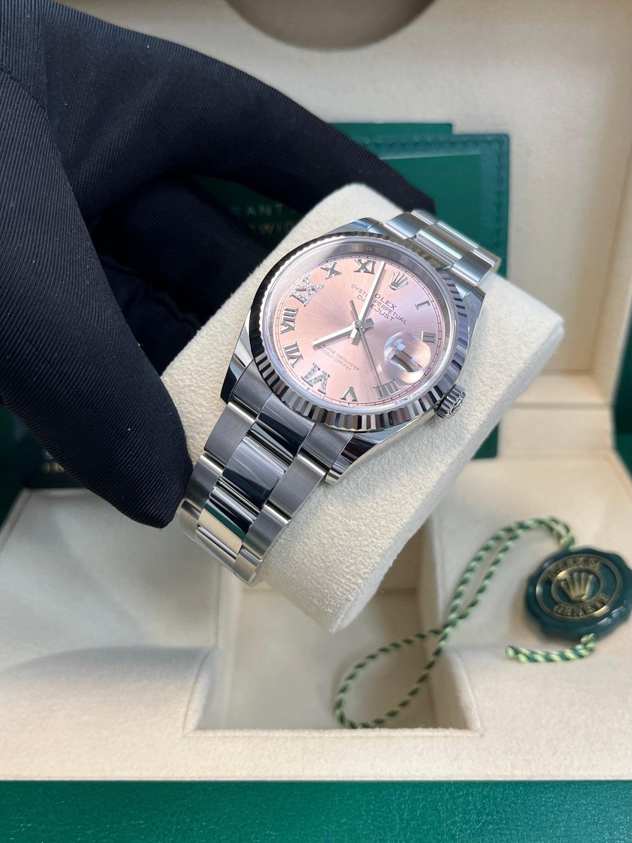 Rolex Datejust 36 Fluted Bezel - Pink Diamond Roman VI and IX Dial - Oyster 126234 - WatchesOff5th