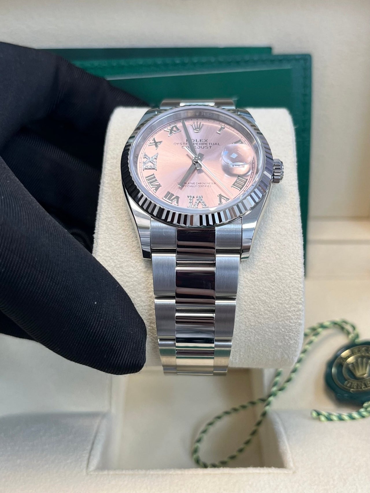 Rolex Datejust 36 Fluted Bezel - Pink Diamond Roman VI and IX Dial - Oyster 126234 - WatchesOff5th