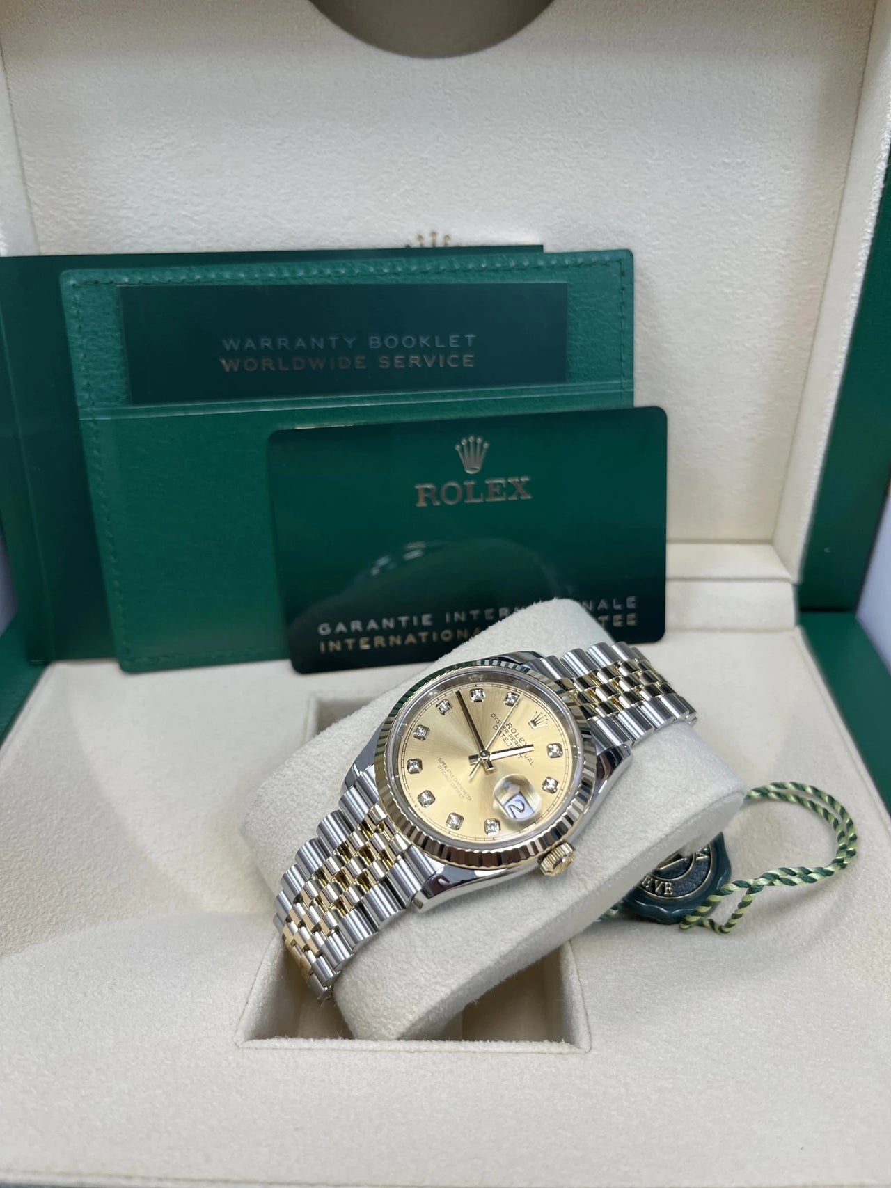 Rolex Datejust 36 Yellow Rolesor Champagne Diamond Dial Fluted Bezel (Ref 126233) - WatchesOff5thWatch