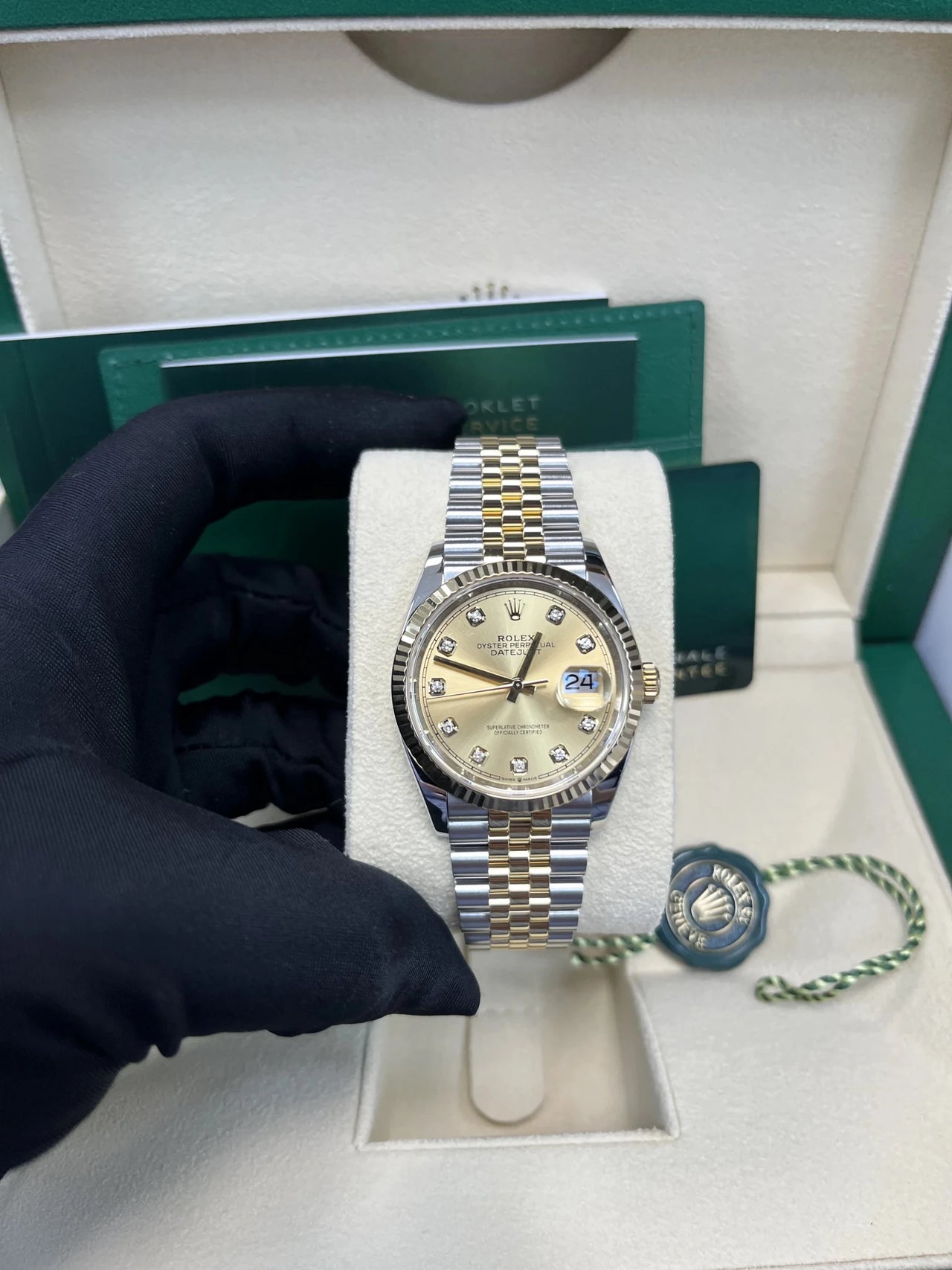 Rolex Datejust 36 Yellow Rolesor Champagne Diamond Dial Fluted Bezel (Ref 126233) - WatchesOff5thWatch