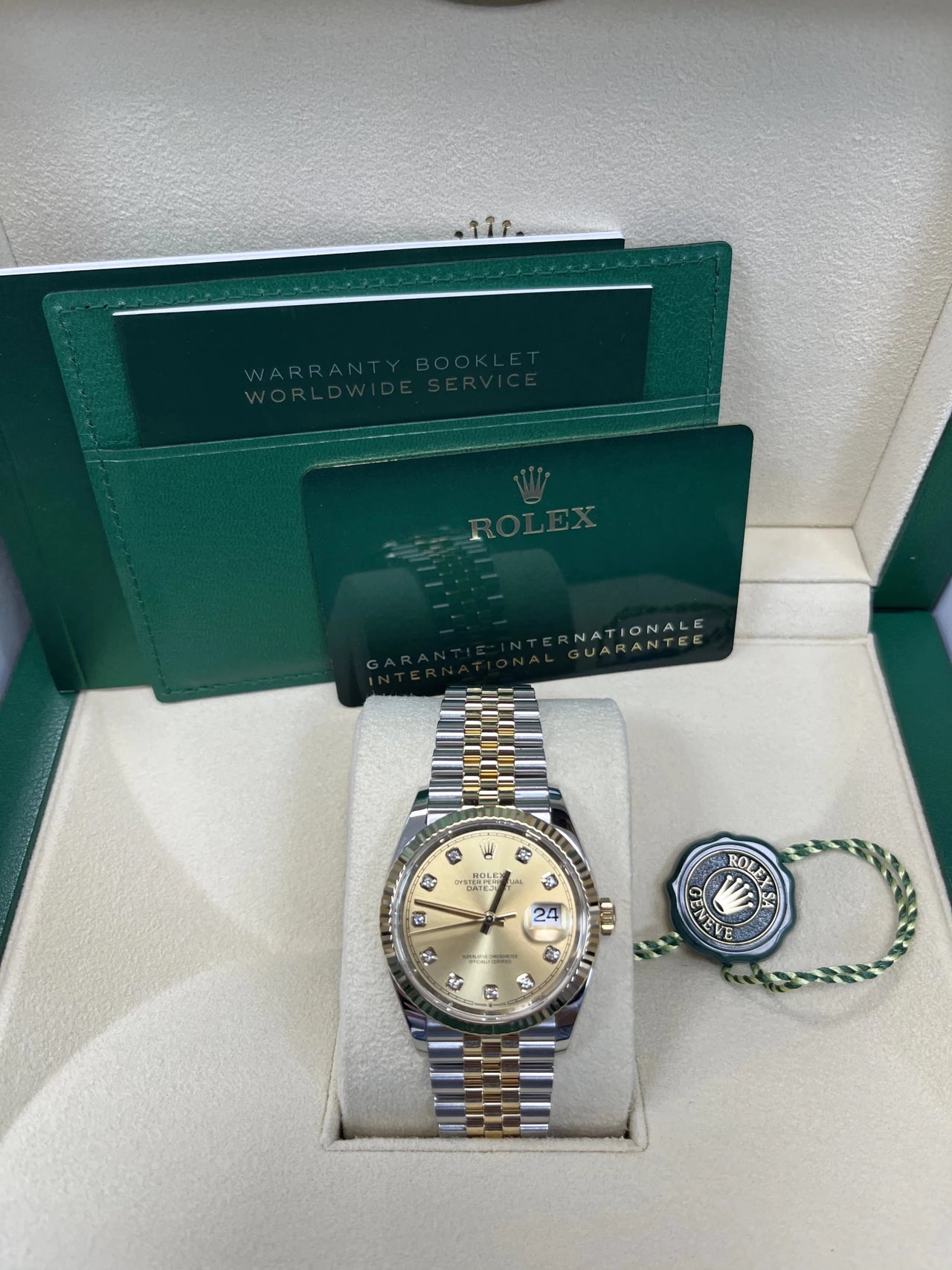 Rolex Datejust 36 Yellow Rolesor Champagne Diamond Dial Fluted Bezel (Ref 126233) - WatchesOff5thWatch