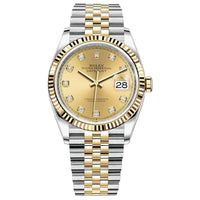 Thumbnail for Rolex Datejust 36 Yellow Rolesor Champagne Diamond Dial Fluted Bezel (Ref 126233) - WatchesOff5thWatch