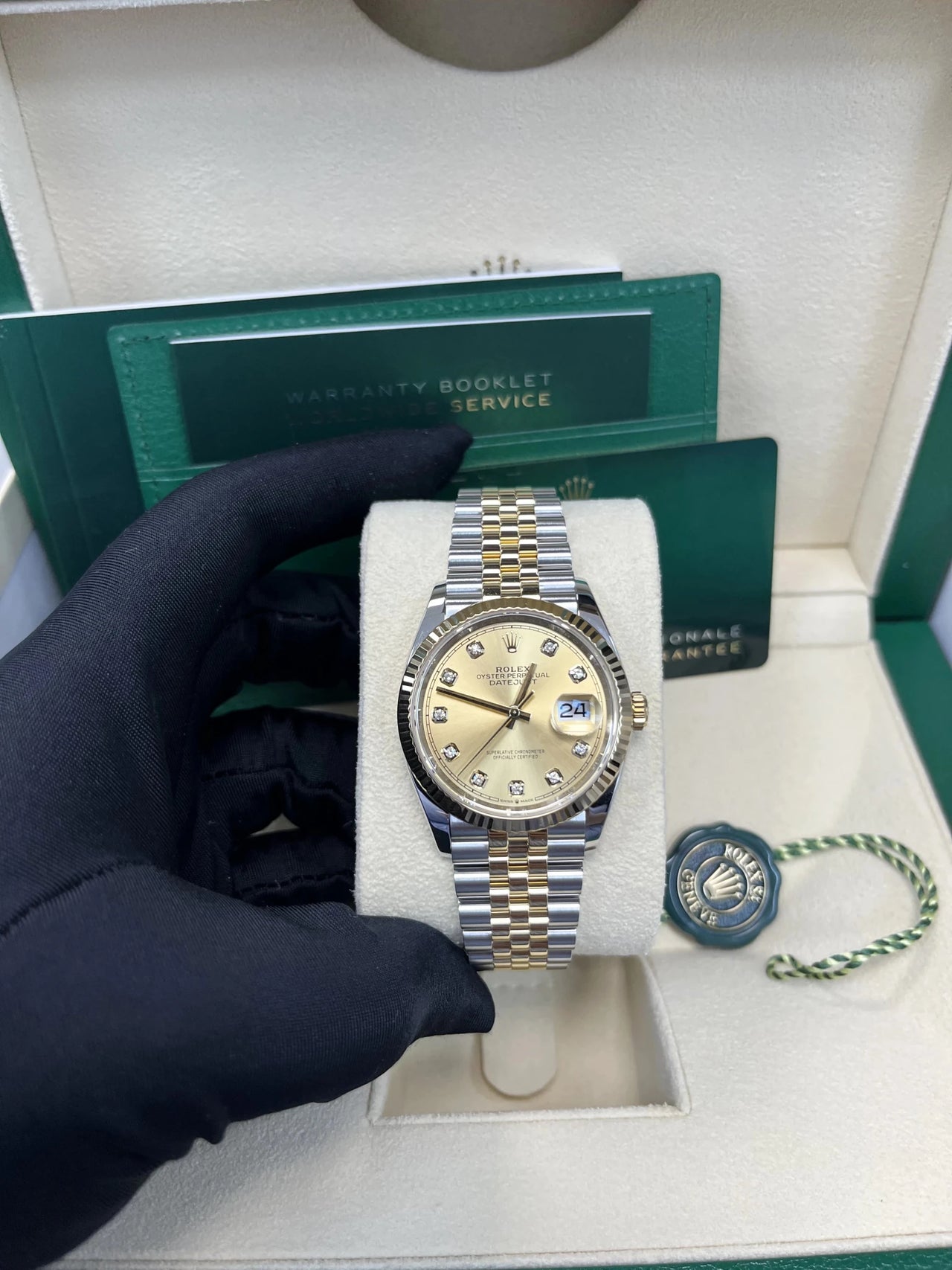 Rolex Datejust 36 Yellow Rolesor Champagne Diamond Dial Fluted Bezel (Ref 126233) - WatchesOff5thWatch