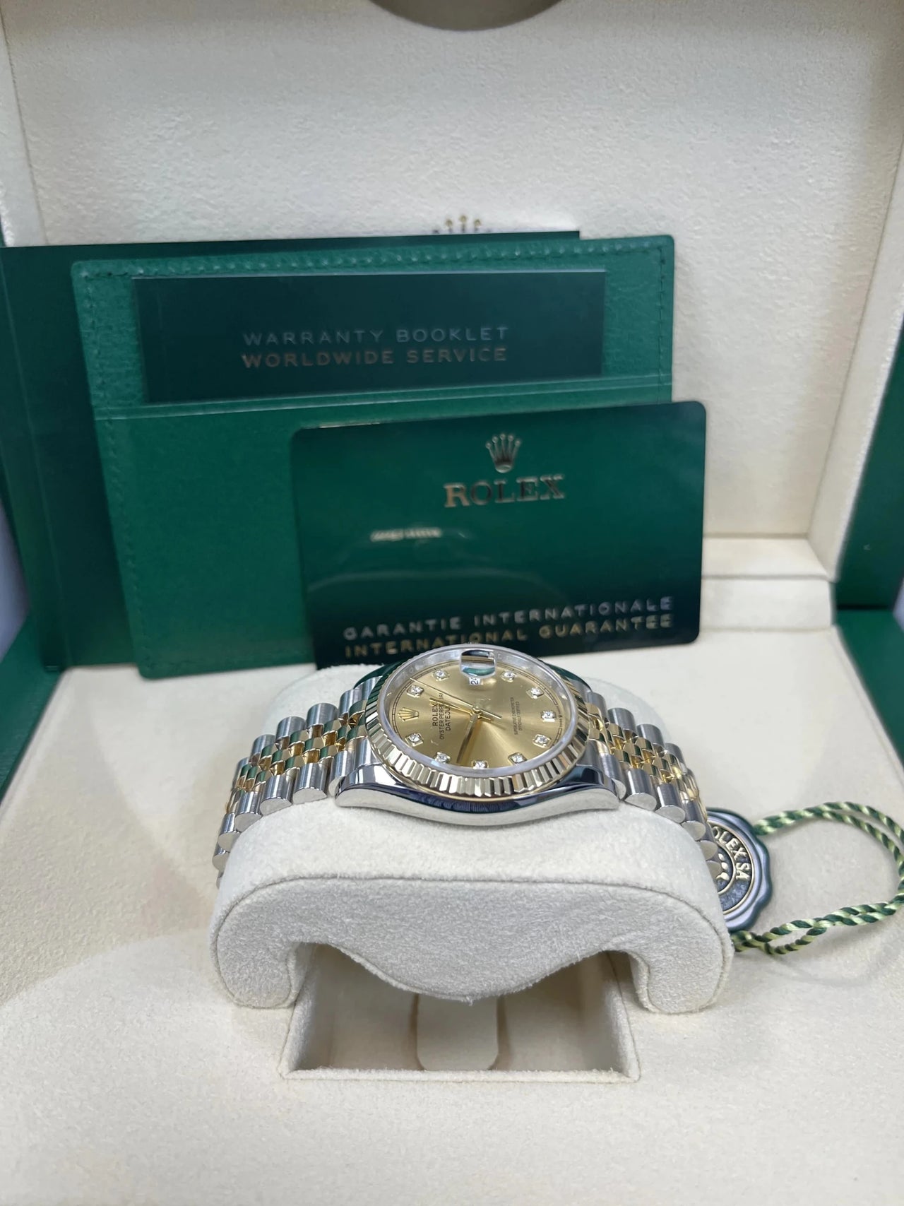 Rolex Datejust 36 Yellow Rolesor Champagne Diamond Dial Fluted Bezel (Ref 126233) - WatchesOff5thWatch