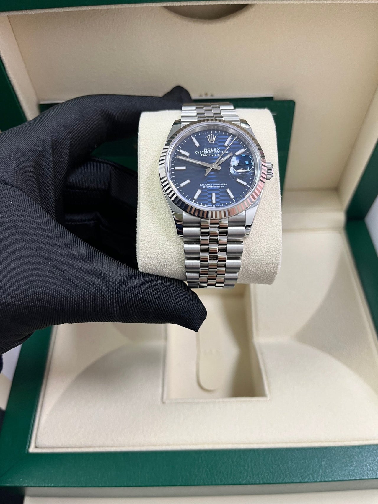 Rolex Datejust 36mm Stainless Steel Bright Blue Fluted Jubilee 126234 - WatchesOff5th