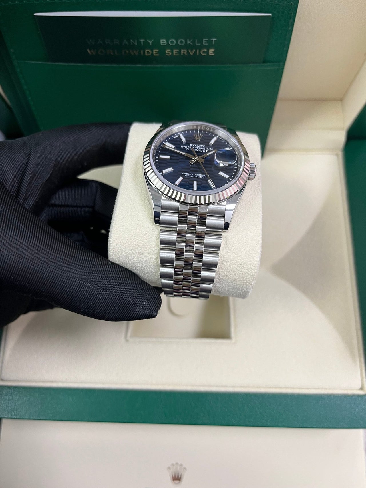 Rolex Datejust 36mm Stainless Steel Bright Blue Fluted Jubilee 126234 - WatchesOff5th