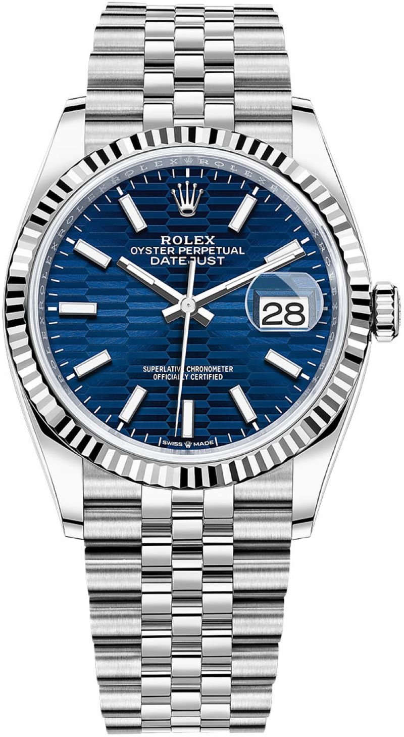 Rolex Datejust 36mm Stainless Steel Bright Blue Fluted Jubilee 126234 WatchesOff5th