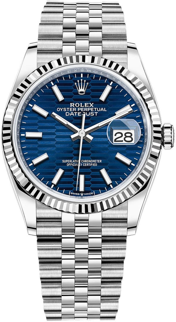 Rolex Datejust 36mm Stainless Steel Bright Blue Fluted Jubilee 126234 - WatchesOff5th