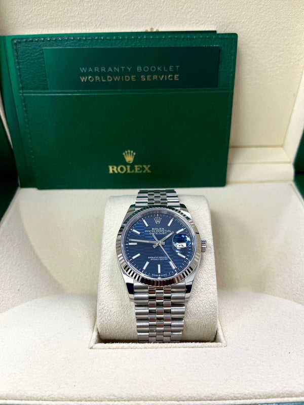 Rolex Datejust 36mm Stainless Steel Bright Blue Fluted Jubilee 126234 - WatchesOff5th