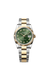 Thumbnail for Rolex Datejust 36mm Steel and Yellow Gold Olive Green Sunray Dial Fluted Bezel Oyster Bracelet 2026 New Release (Ref 126233-0054) - WatchesOff5thWatch