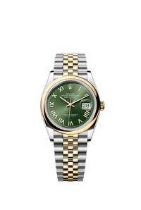 Thumbnail for Rolex Datejust 36mm Steel and Yellow Gold Olive Green Sunray Dial Smooth Bezel Jubilee Bracelet 2026 New Release (Ref 126203-0053) - WatchesOff5thWatch