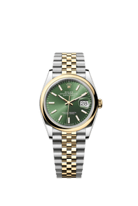 Thumbnail for Rolex Datejust 36mm Steel and Yellow Gold Olive Green Sunray Dial Smooth Bezel Jubilee Bracelet 2026 New Release (Ref 126203-0057) - WatchesOff5thWatch
