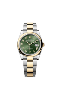 Thumbnail for Rolex Datejust 36mm Steel and Yellow Gold Olive Green Sunray Dial Smooth Bezel Oyster Bracelet 2026 New Release (Ref 126203-0054) - WatchesOff5thWatch
