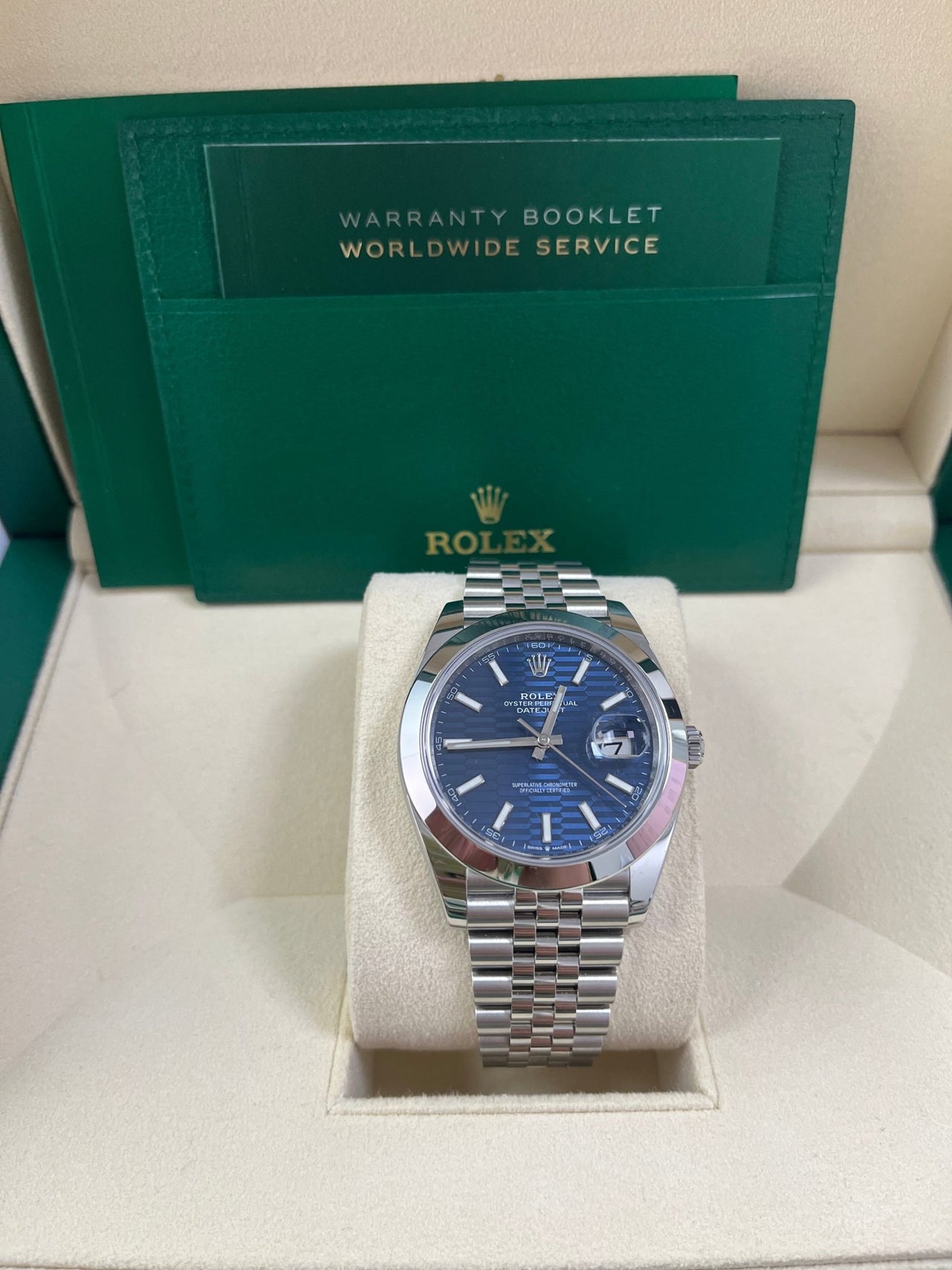 Rolex Datejust 41 Blue Motif Dial Smooth Bezel Jubilee Bracelet 126300 - WatchesOff5th