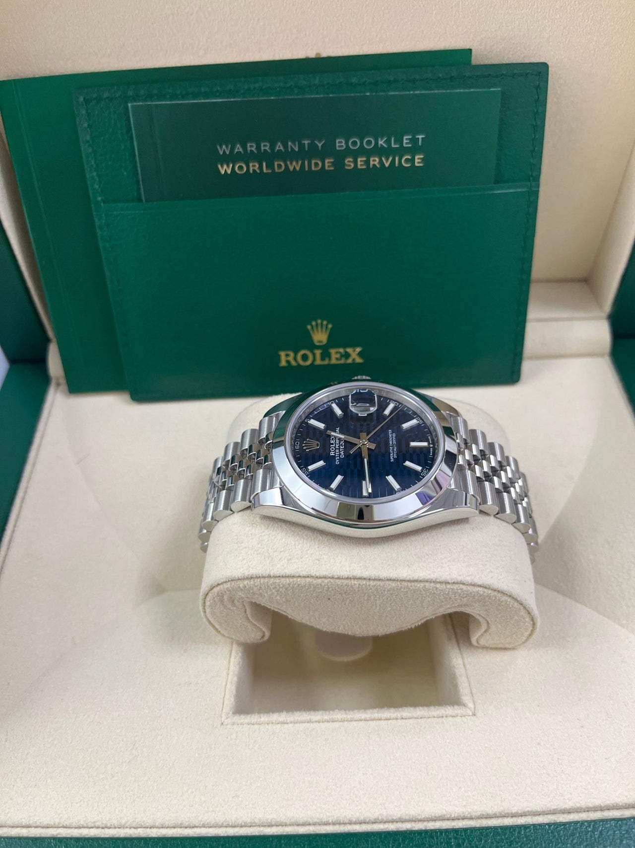 Rolex Datejust 41 Blue Motif Dial Smooth Bezel Jubilee Bracelet 126300 - WatchesOff5th