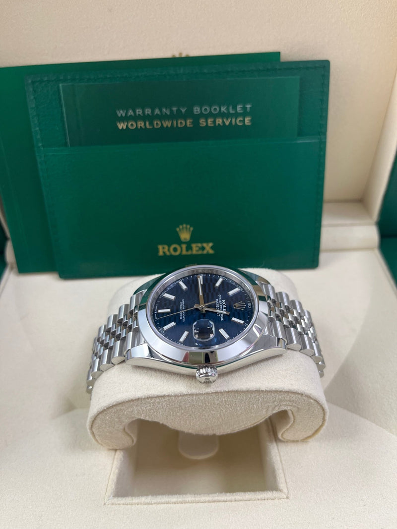 Rolex Datejust 41 Blue Motif Dial Smooth Bezel Jubilee Bracelet 126300 - WatchesOff5th