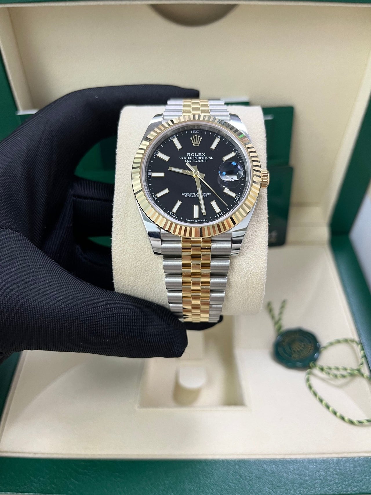 Rolex Datejust 41 Steel and Yellow Gold Fluted Bezel Black Index Dial Jubilee Bracelet 126333 - WatchesOff5thWatch