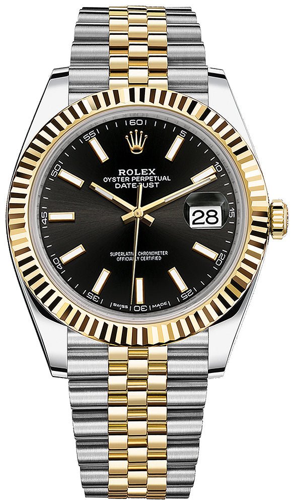 Rolex Datejust 41 Steel and Yellow Gold Fluted Bezel Black Index Dial Jubilee Bracelet 126333 - WatchesOff5thWatch