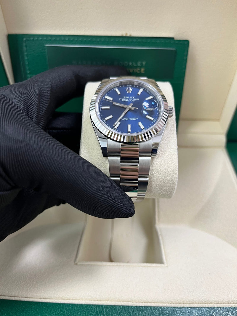 Rolex Datejust 41 White Gold and Steel Blue Index Oyster Fluted Bezel (Ref#126334) - WatchesOff5thWatch