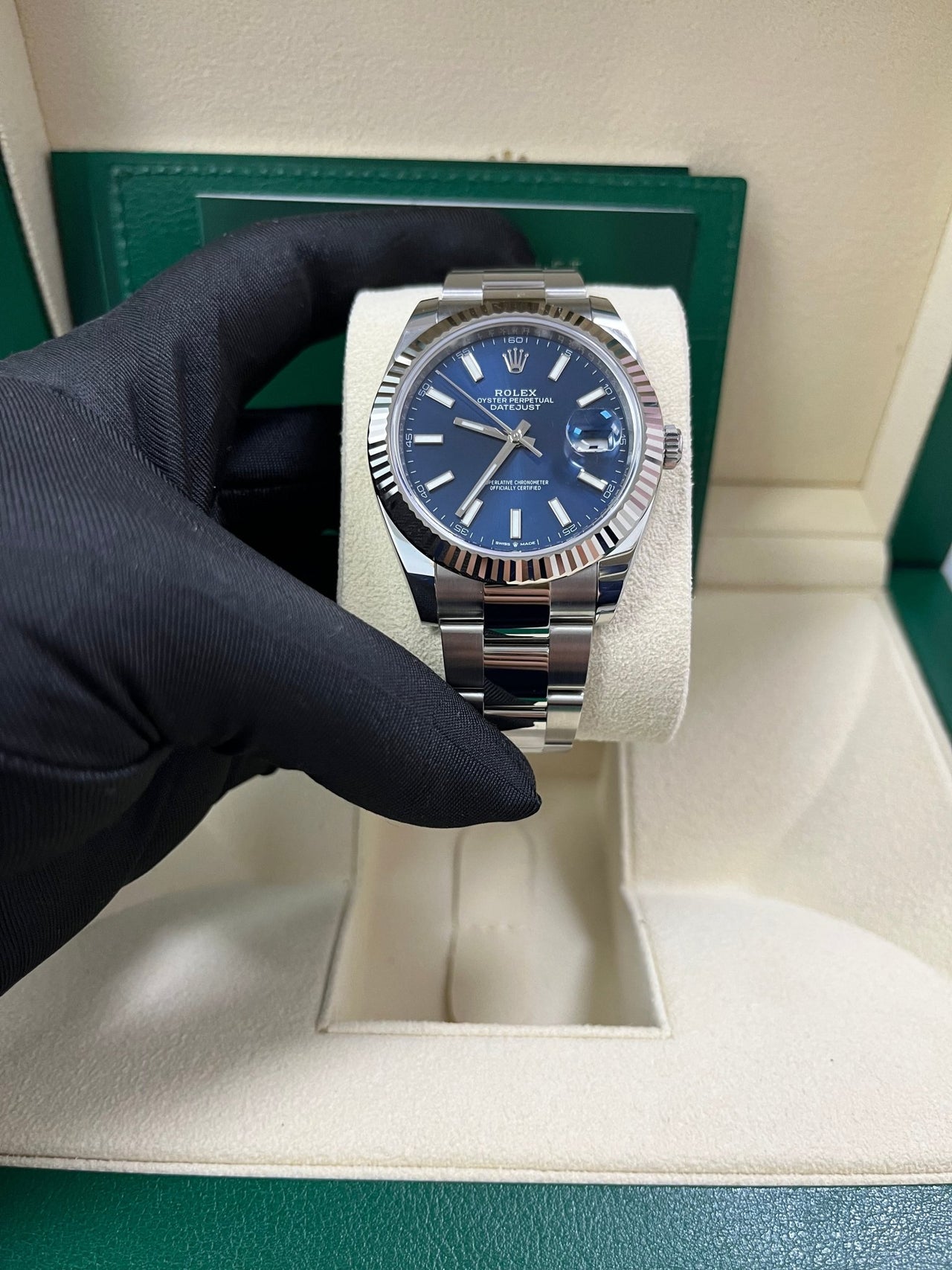 Rolex Datejust 41 White Gold and Steel Blue Index Oyster Fluted Bezel (Ref#126334) - WatchesOff5thWatch