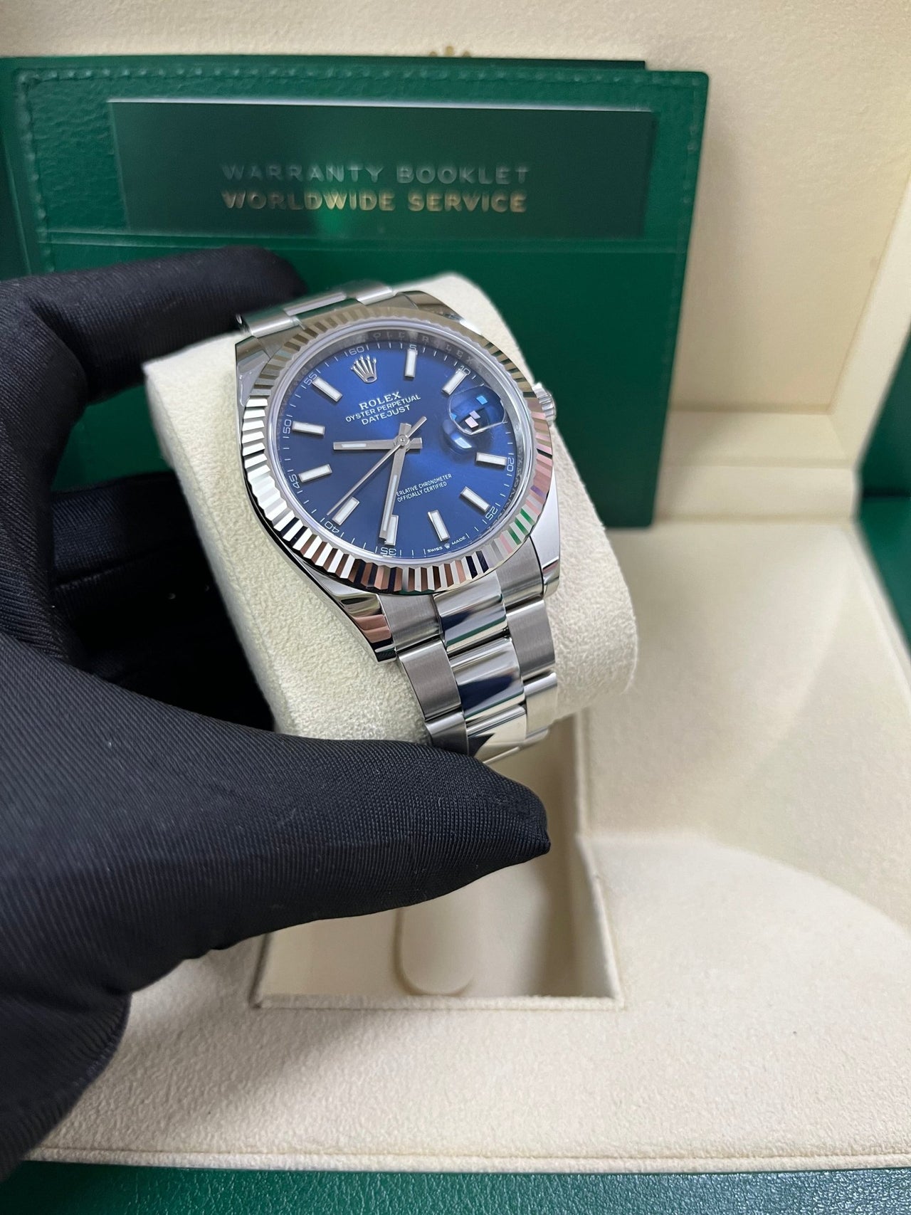 Rolex Datejust 41 White Gold and Steel Blue Index Oyster Fluted Bezel (Ref#126334) - WatchesOff5thWatch