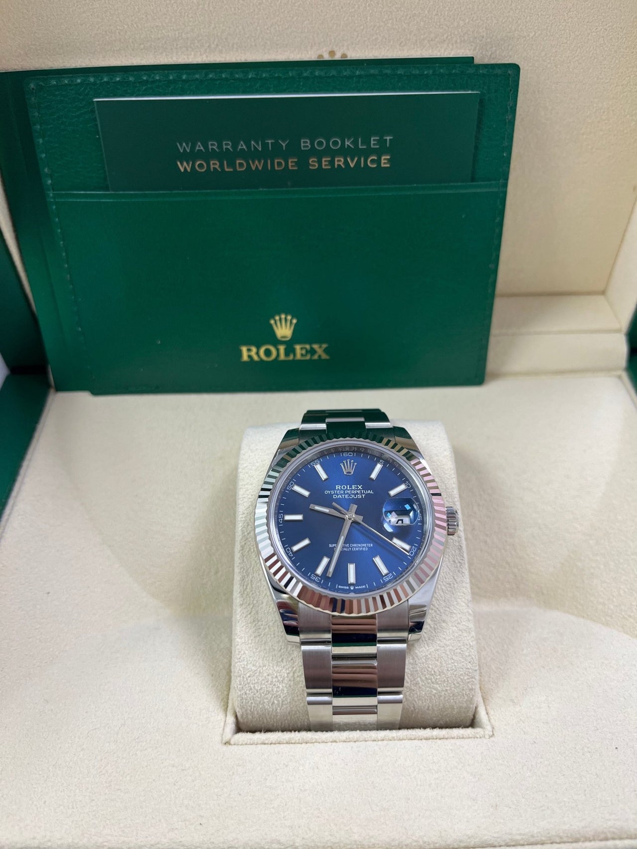 Rolex Datejust 41 White Gold and Steel Blue Index Oyster Fluted Bezel (Ref#126334) - WatchesOff5thWatch