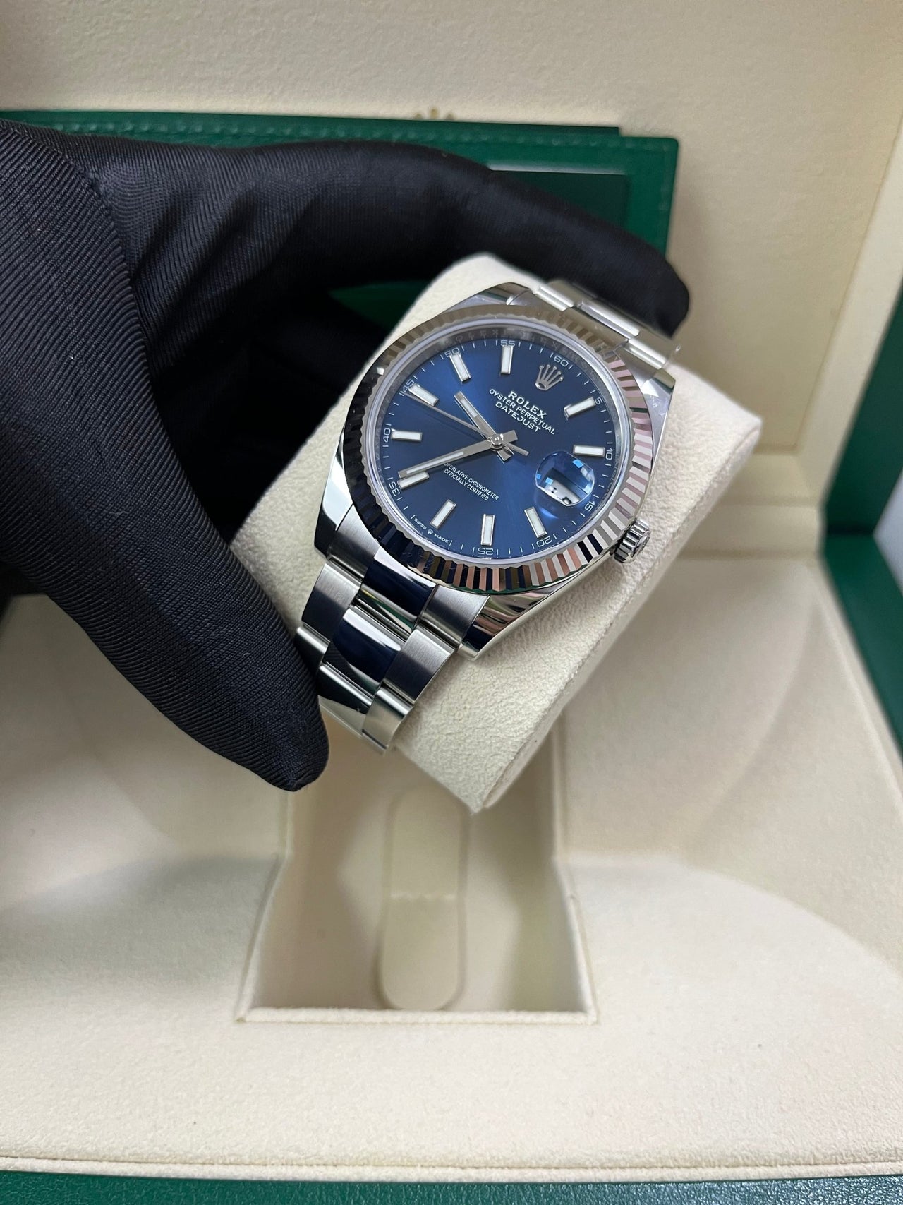 Rolex Datejust 41 White Gold and Steel Blue Index Oyster Fluted Bezel (Ref#126334) - WatchesOff5thWatch