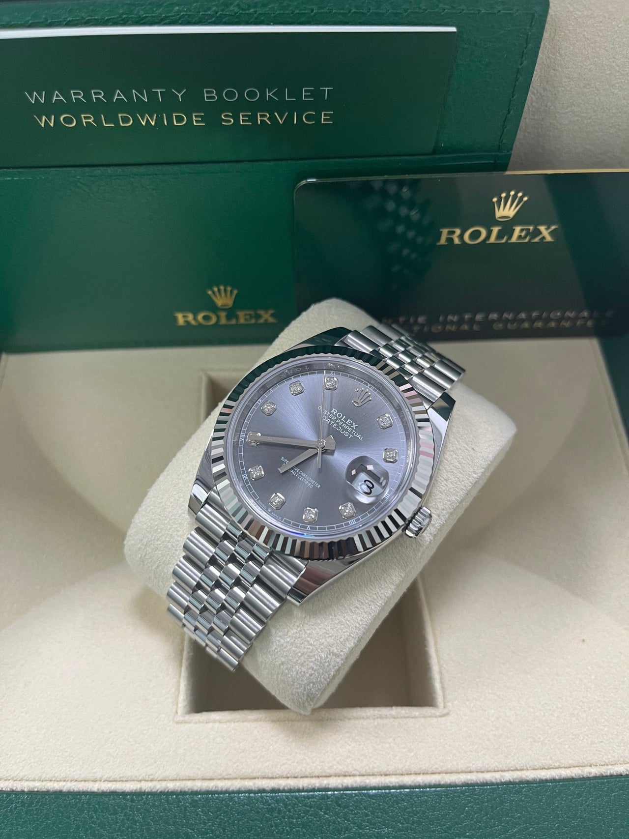 Rolex Datejust 41mm Steel and White Gold Slate Diamond Dial Fluted Bezel Jubilee Bracelet (Ref 126334) - WatchesOff5thWatch