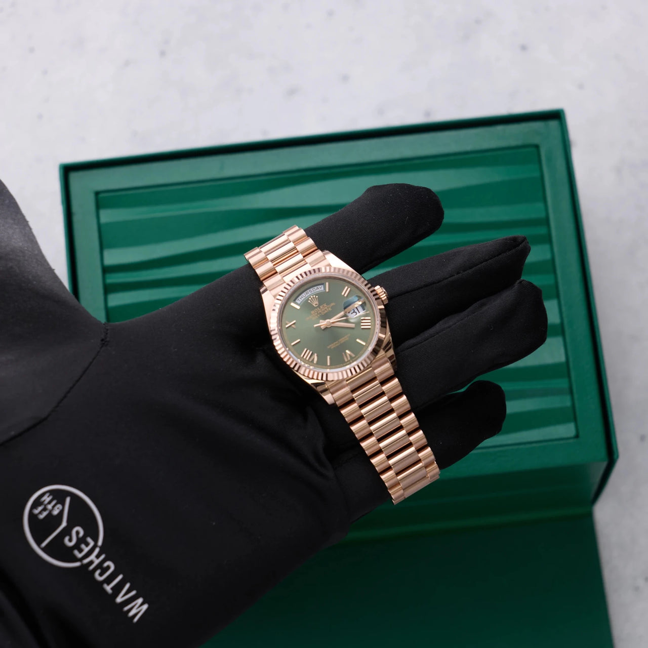 Rolex Day-Date 36 36mm Everose gold Reference 128235 Olive Dial NEW RELEASE - WatchesOff5thWatch