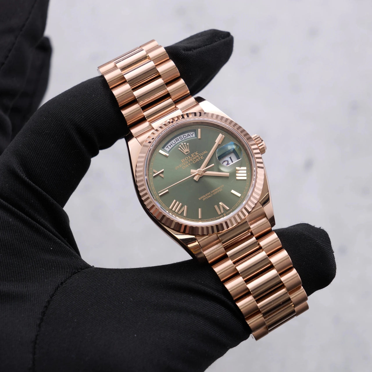 Rolex Day-Date 36 36mm Everose gold Reference 128235 Olive Dial NEW RELEASE - WatchesOff5thWatch