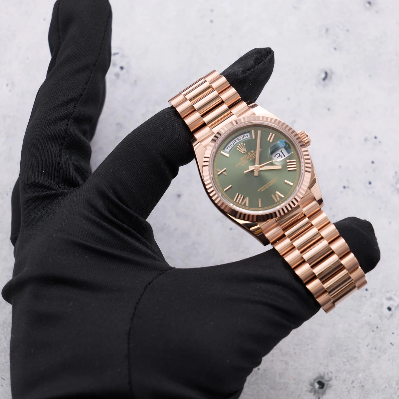 Rolex Day-Date 36 36mm Everose gold Reference 128235 Olive Dial NEW RELEASE - WatchesOff5thWatch