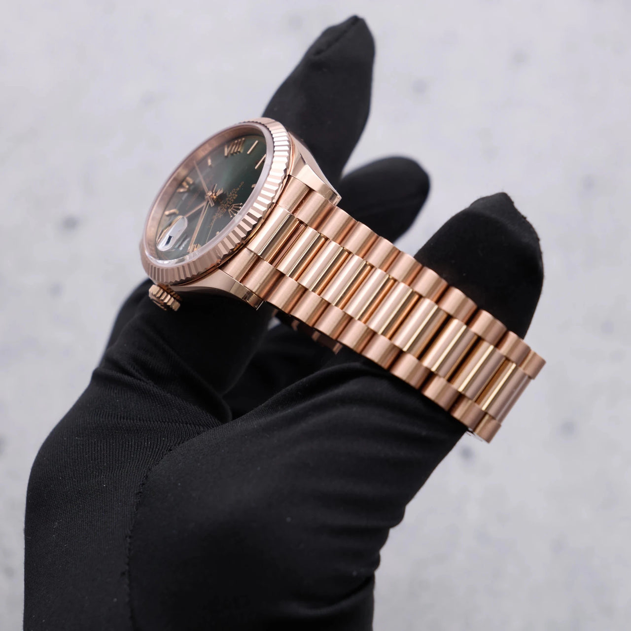 Rolex Day-Date 36 36mm Everose gold Reference 128235 Olive Dial NEW RELEASE - WatchesOff5thWatch