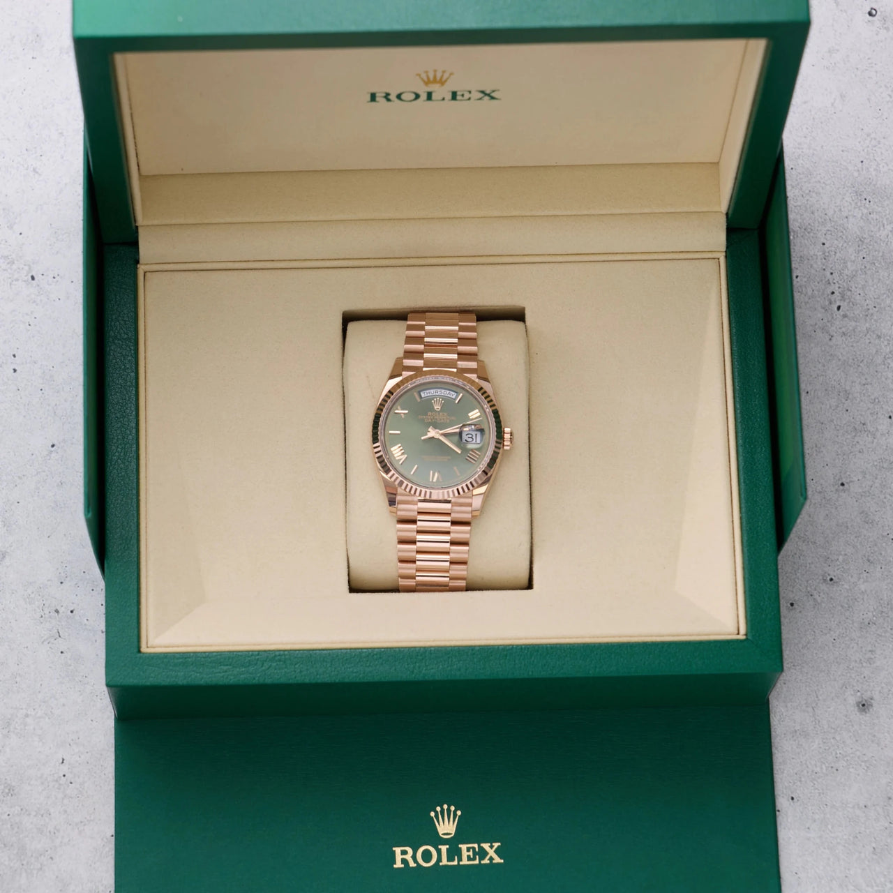 Rolex Day-Date 36 36mm Everose gold Reference 128235 Olive Dial NEW RELEASE - WatchesOff5thWatch