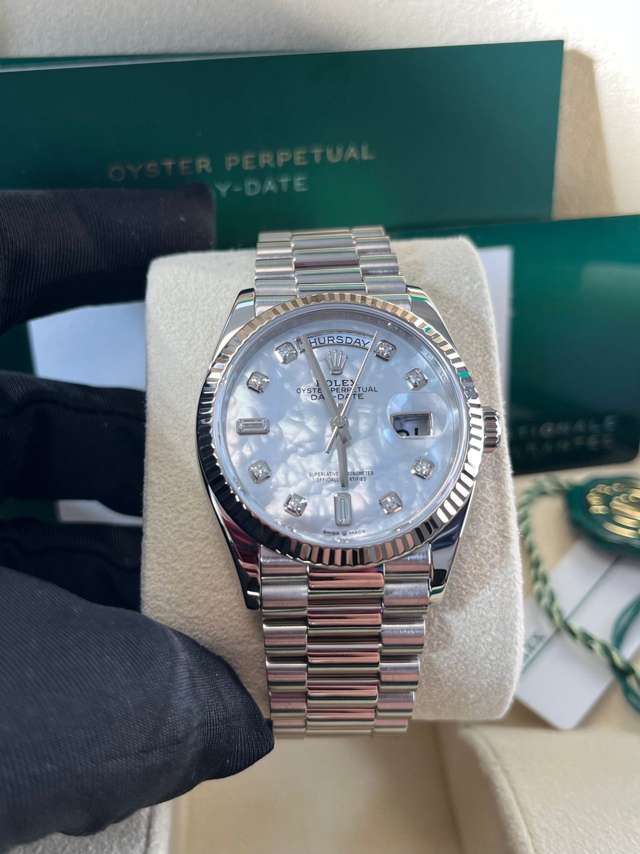 Rolex Day - Date 36 Fluted Bezel Mother - of - Pearl Diamond Dial President Bracelet 128239 - WatchesOff5thWatch