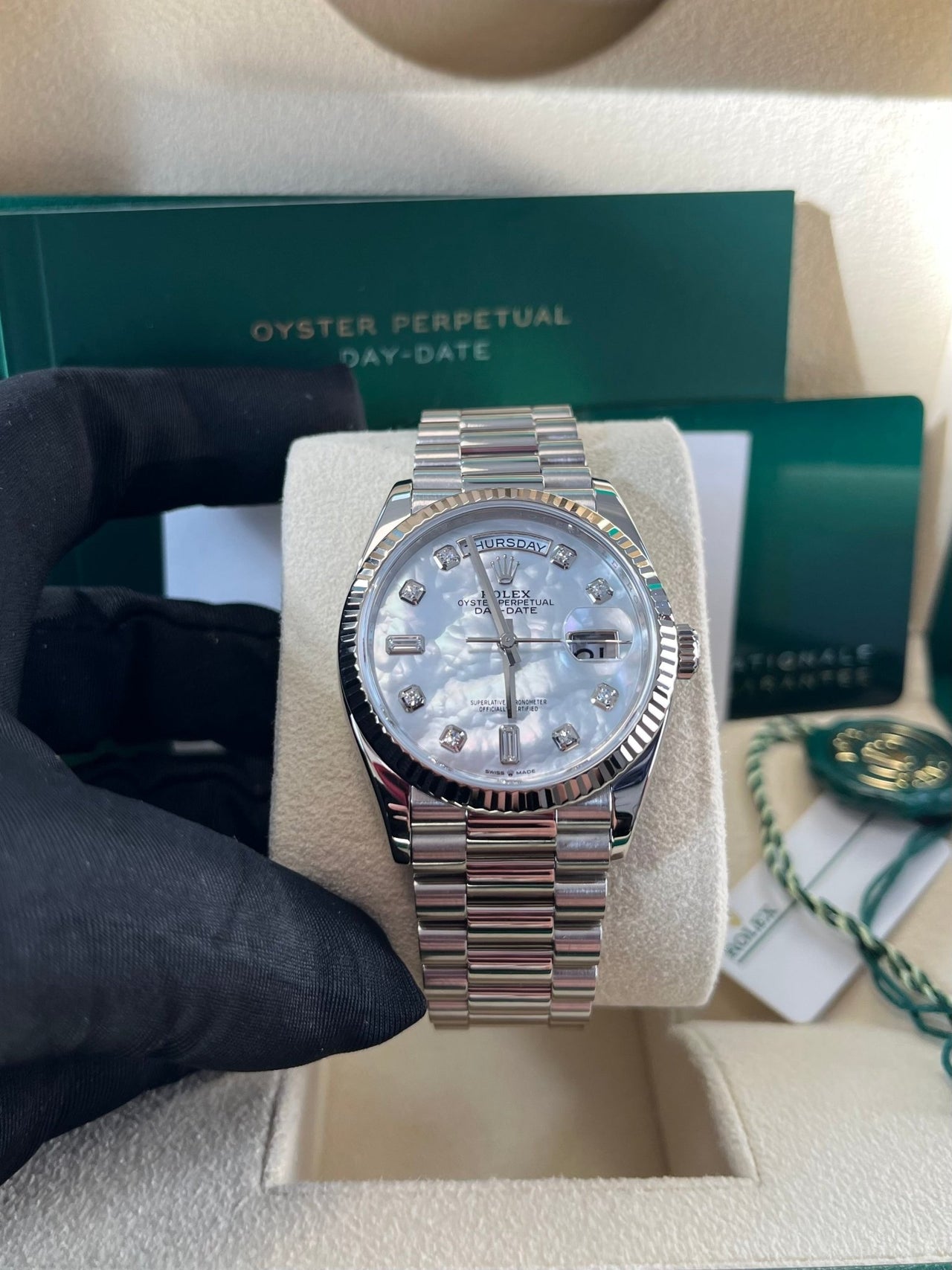 Rolex Day - Date 36 Fluted Bezel Mother - of - Pearl Diamond Dial President Bracelet 128239 - WatchesOff5thWatch