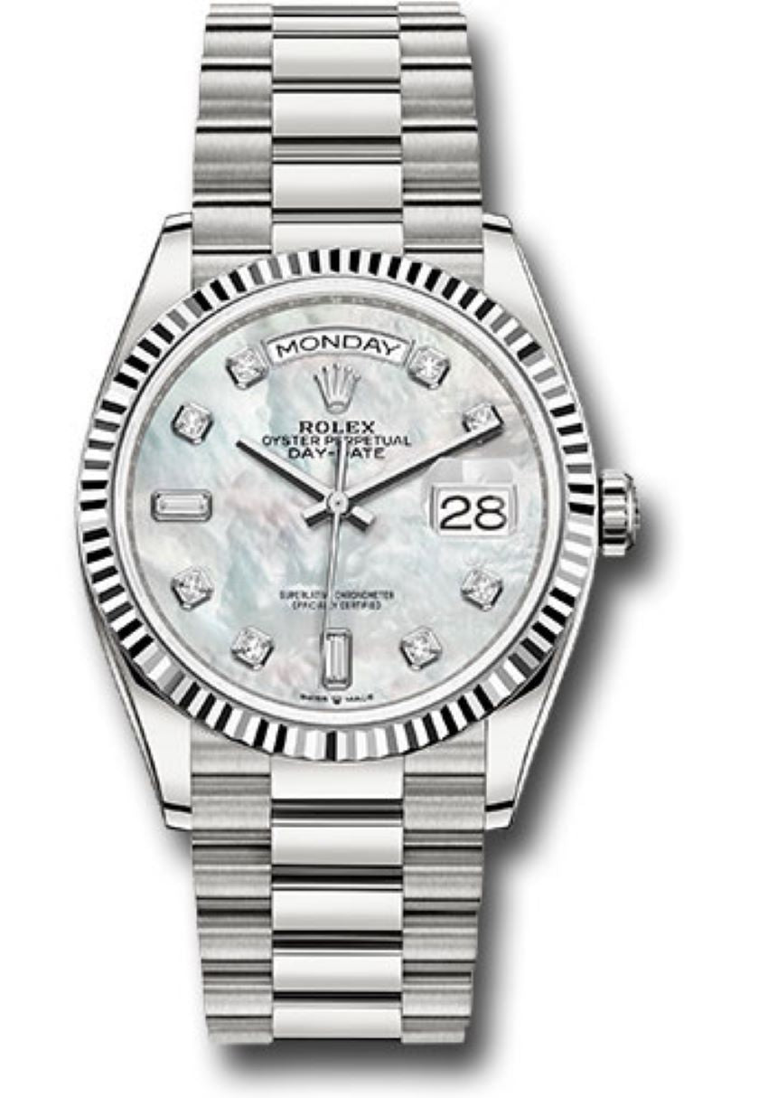 Rolex Day - Date 36 Fluted Bezel Mother - of - Pearl Diamond Dial President Bracelet 128239 - WatchesOff5thWatch