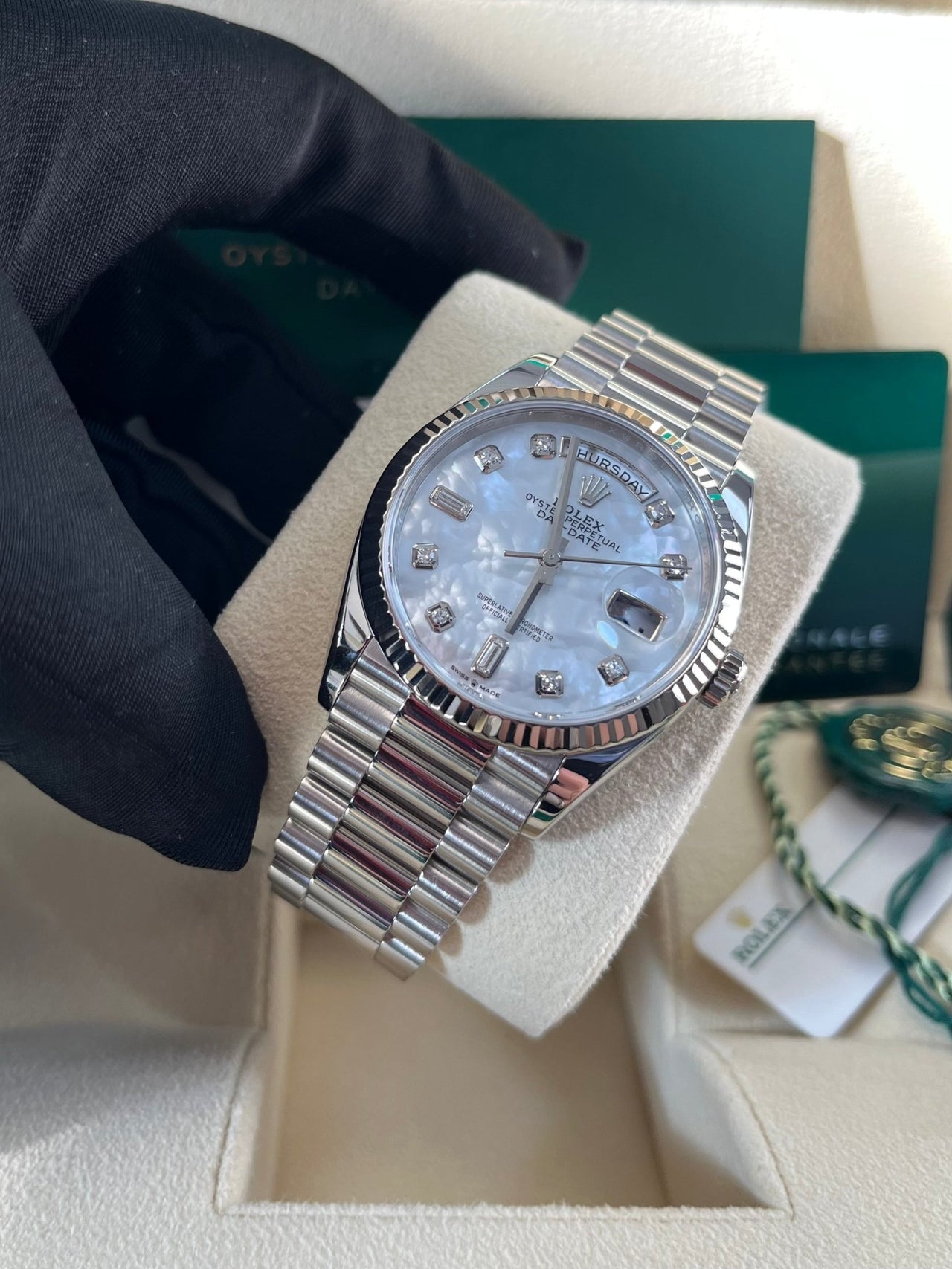 Rolex Day - Date 36 Fluted Bezel Mother - of - Pearl Diamond Dial President Bracelet 128239 - WatchesOff5thWatch