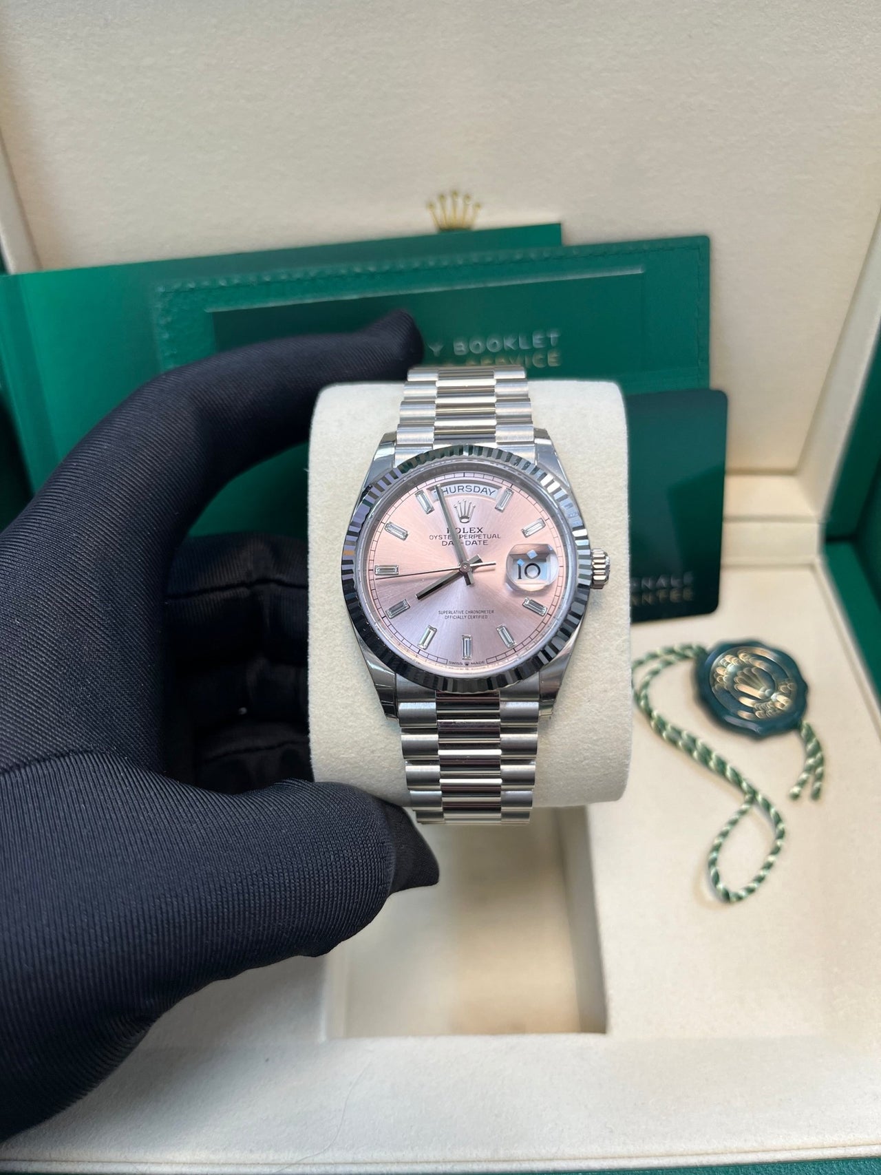 Rolex Day - Date 36 mm Fluted Bezel Pink Baguette Diamond Dial 128239 - WatchesOff5thWatch