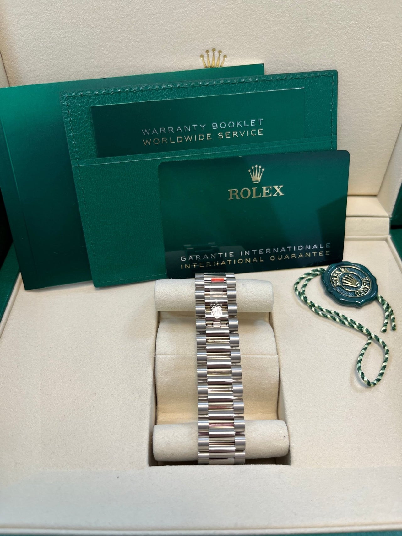 Rolex Day - Date 36 mm Fluted Bezel Pink Baguette Diamond Dial 128239 - WatchesOff5thWatch