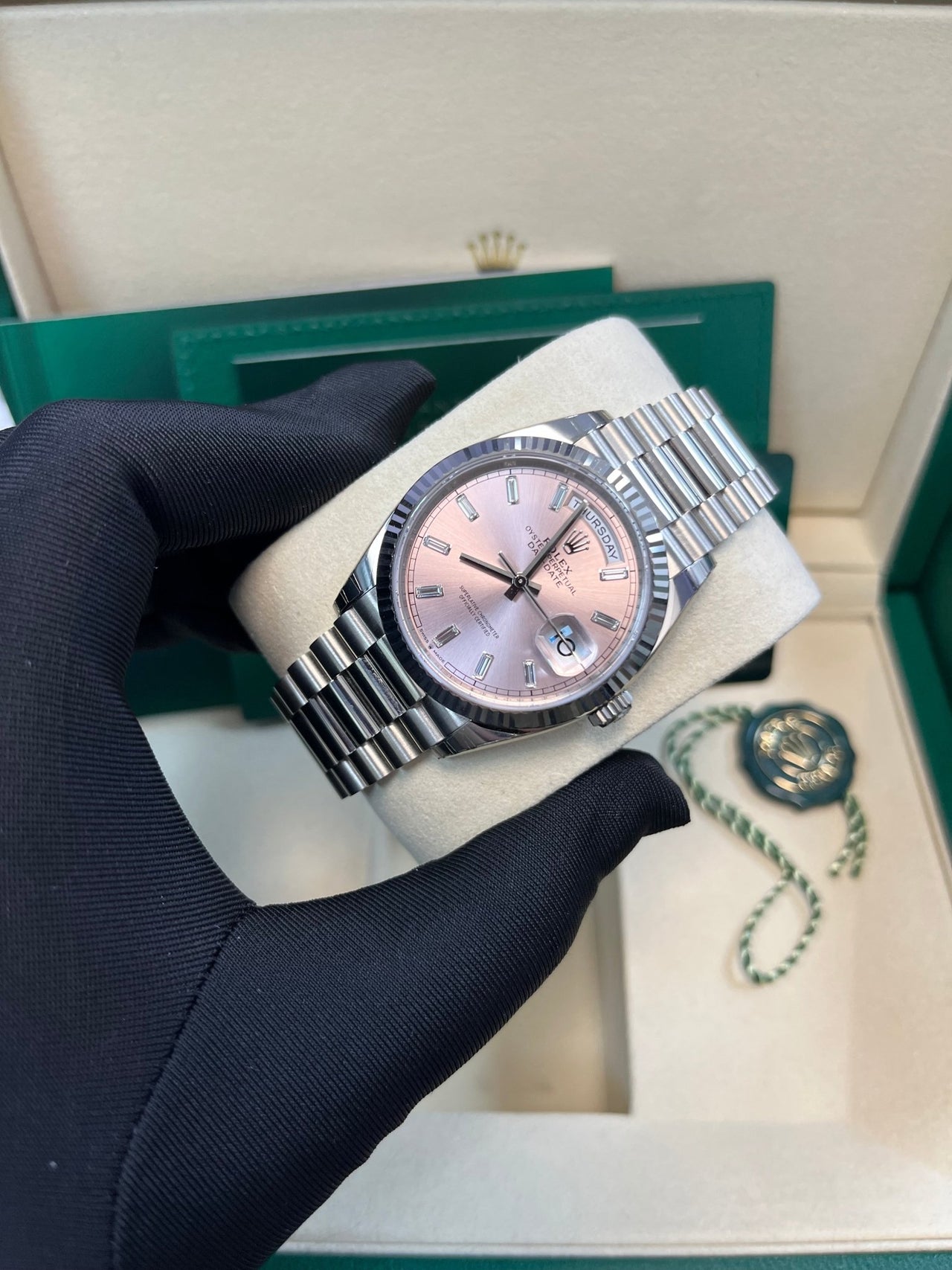 Rolex Day - Date 36 mm Fluted Bezel Pink Baguette Diamond Dial 128239 - WatchesOff5thWatch