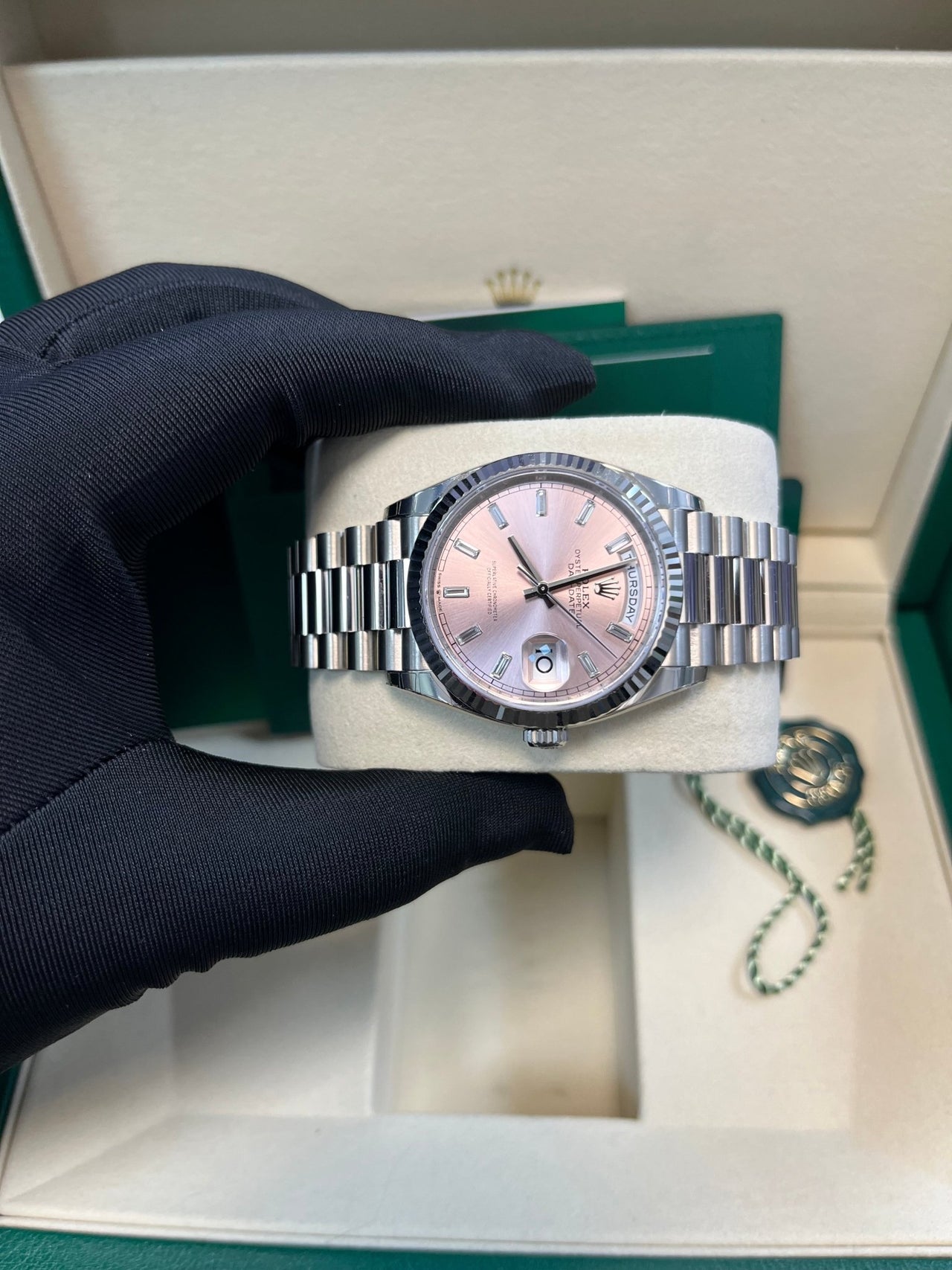Rolex Day - Date 36 mm Fluted Bezel Pink Baguette Diamond Dial 128239 - WatchesOff5thWatch