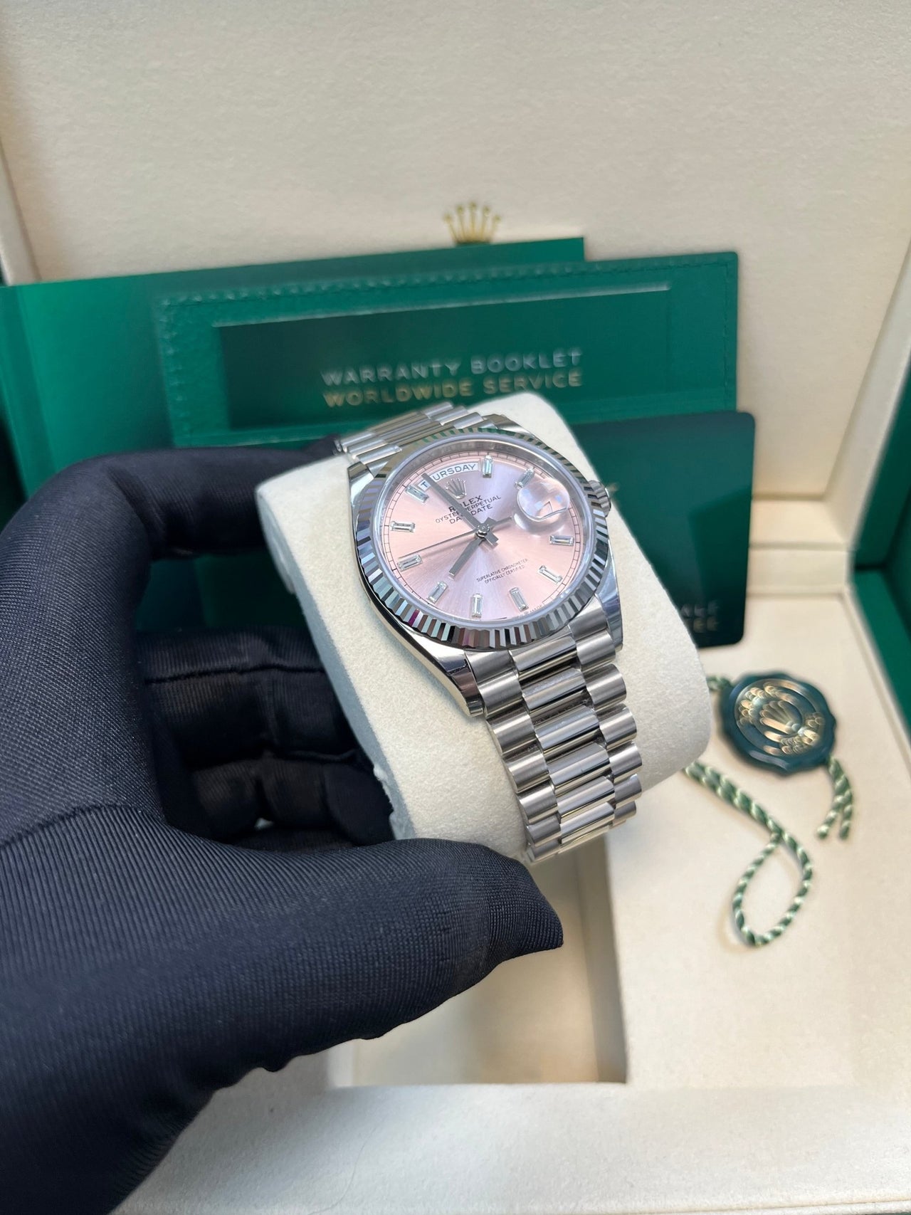 Rolex Day - Date 36 mm Fluted Bezel Pink Baguette Diamond Dial 128239 - WatchesOff5thWatch