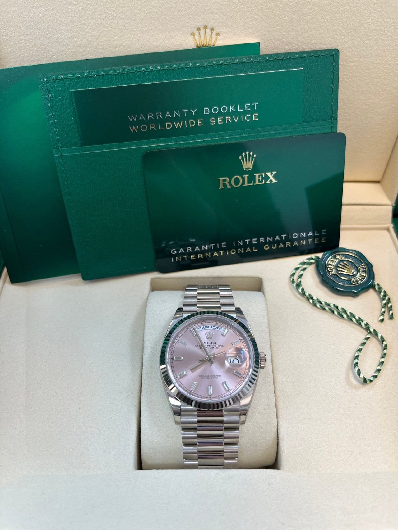 Rolex Day - Date 36 mm Fluted Bezel Pink Baguette Diamond Dial 128239 - WatchesOff5thWatch