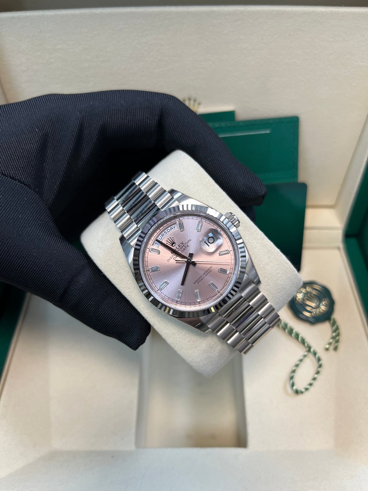 Rolex Day - Date 36 mm Fluted Bezel Pink Baguette Diamond Dial 128239 - WatchesOff5thWatch