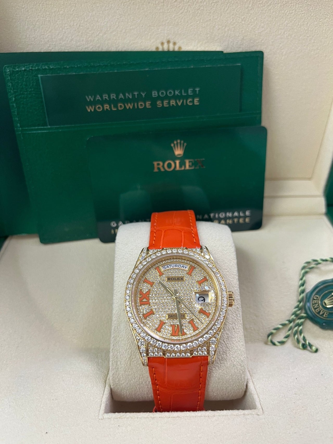 Rolex Day - Date 36 Orange Alligator Strap Pave Dial 128158rbr - WatchesOff5thWatch